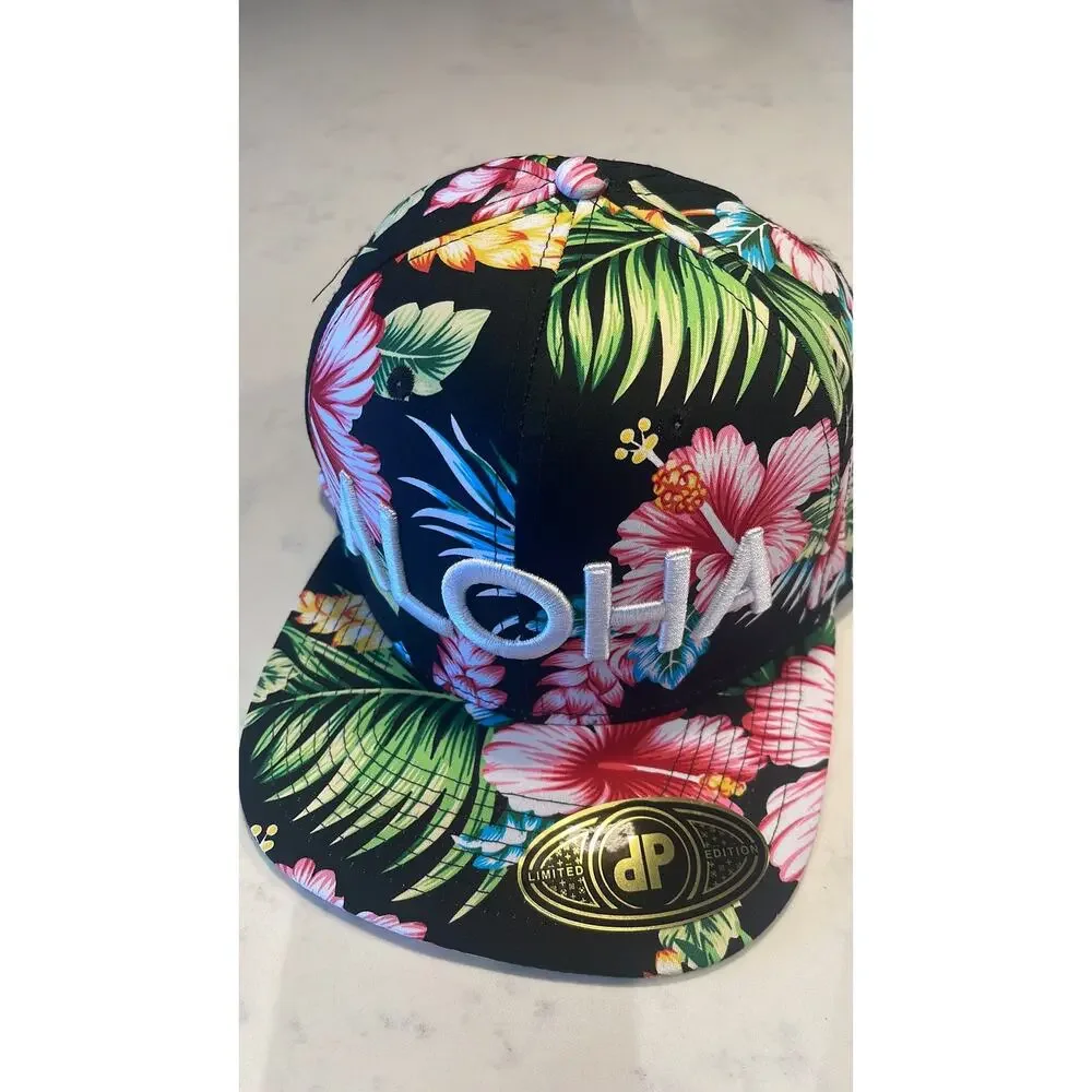 ANXD Aloha Embroidered Tropical Pink Green Hawaiian Hat Cap Flat Brim Snapback - Picture 3 of 7